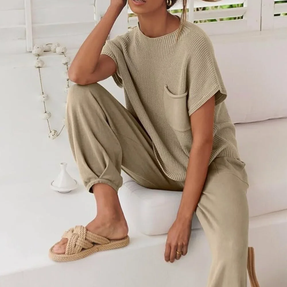 Amazon 2-Piece Knit Sweater Pullover Crop Top & Pants Lounge Set | Khaki…